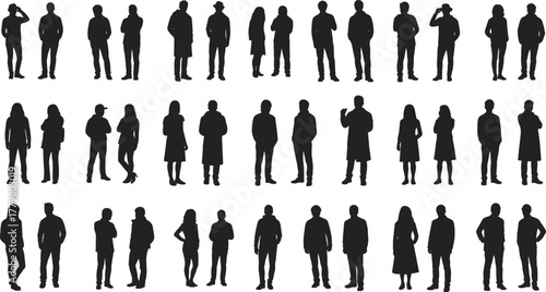 Large diverse group of standing people silhouettes collection, human crowd figures casual poses outline design set - flat vector illustration