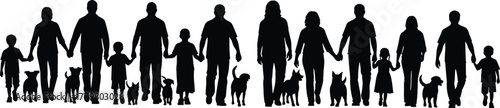 Large family and pets walking together silhouette, parents children holding hands with dogs showing unity love bond and companionship - flat vector illustration