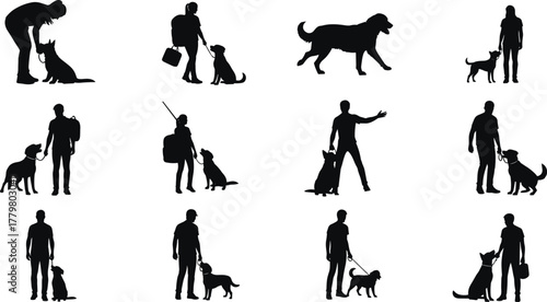 People interacting with dogs silhouettes set, walking training bonding pet care companionship outdoor activity animal friendship scene - flat vector illustration