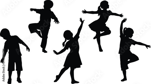 Children silhouettes dancing, posing, playing together, joyful kids in motion, fun childhood activity vector, isolated black shapes, happy movement, flat vector illustration