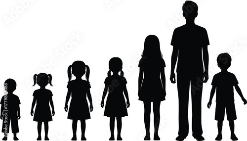 Children growth stages silhouette lineup, different ages height comparison development childhood progression family generation concept illustration - flat vector illustration