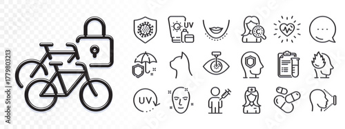 Psychology, Sunscreen and Capsule pill line icons for web app. Glare of light effect. Message icon. Pack of Umbrella, Pets care, Stress pictogram icons. Vector