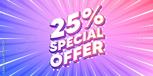 Discount sun rays gradient banner. Light burst background. 25 percent discount offer tag. Sale price promo sign. Special offer symbol. Gradient sun rays. Sunburst light. Vector