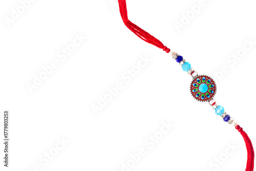 Colorful beaded necklace with round blue pendant on white background for Raksha Bandhan