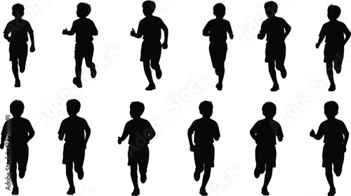 Running child silhouette sequence, black motion frames, athletic kid stride, jogging animation cycle, sports biomechanics pose, flat vector illustration