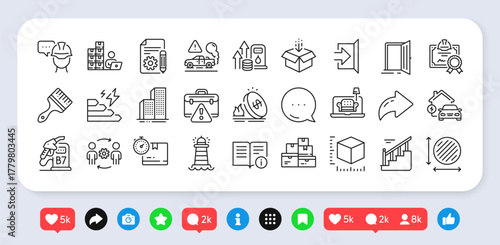 Warning briefcase, Cardboard box and Get box line icons pack. Social media: share, comment, like icons. Wholesale goods, Inventory, Furniture web icon. Vector