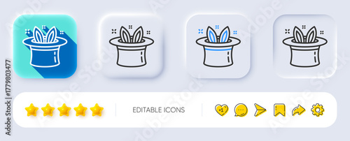 Hat-trick line icon. Neumorphic, Flat shadow, 3d buttons. Magic tricks with hat and rabbit sign. Illusionist show symbol. Line hat-trick icon. Social media icons. Vector