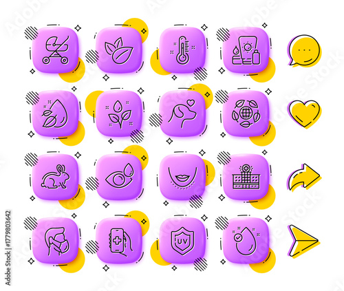 Health app, Thermometer and Baby carriage line icons. App 3d buttons. Social media comment, share, like icons. Pack of Eco organic, Organic product, Chin icon. Vector