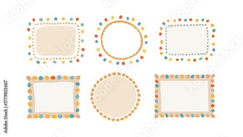 Collection of six frames in different shapes decorated with colorful dots on a white background