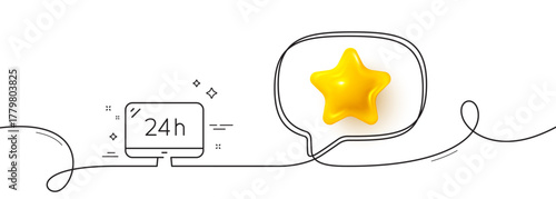24 hour service line icon. Continuous line with 3d star. Call support sign. Feedback chat symbol. 3d star in speech bubble. 24h service single line ribbon. Loop curve pattern. Vector