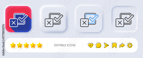 Checkbox line icon. Neumorphic, Flat shadow, 3d buttons. Survey choice sign. Business review symbol. Line checkbox icon. Social media icons. Vector