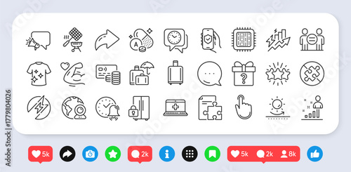 Medical help, Video conference and Strong arm line icons pack. Social media: share, comment, like icons. No puzzle, Strategy, Vitamin a web icon. Sun protection, Grill basket, Card pictogram. Vector