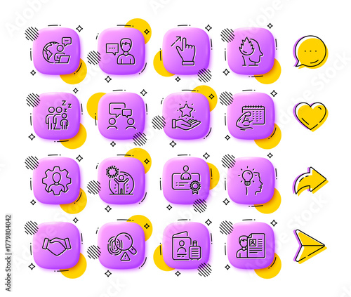 Fitness calendar, People chatting and Passport line icons. App 3d buttons. Social media comment, share, like icons. Pack of Professional, Idea, Touchscreen gesture icon. Vector