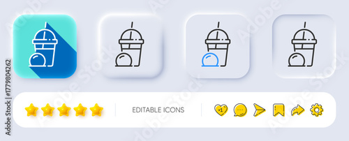 Ice cream milkshake line icon. Neumorphic, Flat shadow, 3d buttons. Vanilla sundae sign. Frozen summer dessert symbol. Line ice cream milkshake icon. Social media icons. Vector