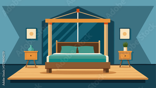 A bedroom with a modern fourposter bed frame and a reclaimed wood accent wall.