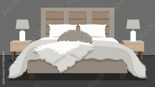A bedroom with a light wooden headboard and a stack of fluffy pillows perfectly topped with a chunky knit blanket in shades of gray and white adding a touch of warmth and comfort