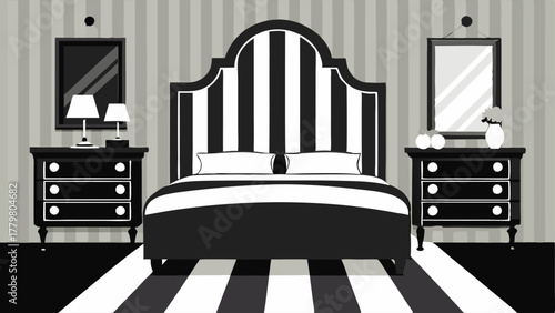 A bedroom with a black and white striped bedspread a mirrored dresser and a tufted black velvet headboard.