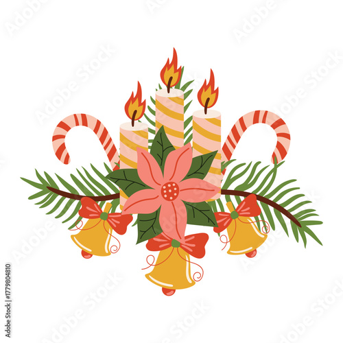 Cute Christmas wreath with fir branches, candy cane, bell, Poinsettia flower, and candles in flat cartoon style. Ideal for festive design, greeting cards, stickers, and winter projects.