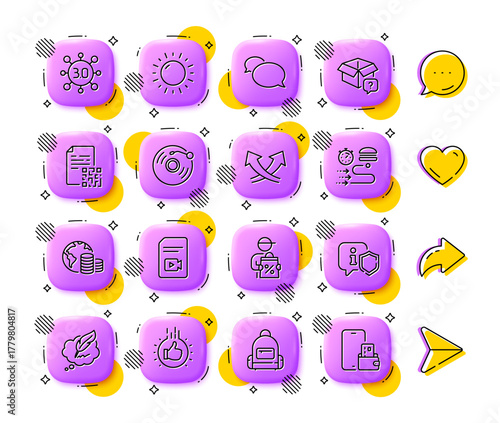 Copyright chat, Vinyl record and Video file line icons. App 3d buttons. Social media comment, share, like icons. Pack of Food delivery, Sunny weather, Backpack icon. Vector