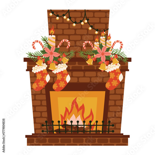 A cute Christmas fireplace with a burning fire and decor with stockings, wreaths of Christmas tree branches with bells, candy canes, Poinsettia flowers and candles, and a garland of light bulbs.