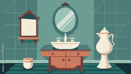 A bathroom with a vintage vanity topped with a porcelain pitcher and basin and a vintage mirror hanging on the wall.