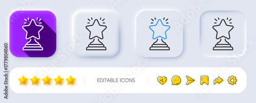 Rank star line icon. Neumorphic, Flat shadow, 3d buttons. Success reward symbol. Best result sign. Winner cup. Line winner icon. Social media icons. Vector