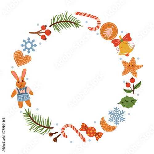 A cute round Christmas frame with cartoon festive elements like fir branch, bell, candy cane, plush bunny, gingerbread, snowflake, red berry, clove, and decorative dots on white background.