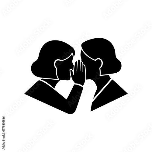 Minimalistic figures, person whispering secret into another’s ear, clean vector lines, black and white, flat design
