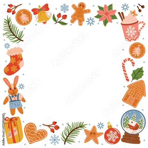 A square Christmas frame with cartoon festive elements like fir branch, bell, candy cane, gift box, plush bunny, gingerbread cookie, snowflakes, snow ball, red berry, clove, and dots in flat style.
