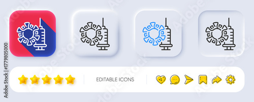 Coronavirus vaccine line icon. Neumorphic, Flat shadow, 3d buttons. Covid virus sign. Infection protect symbol. Line coronavirus vaccine icon. Social media icons. Vector