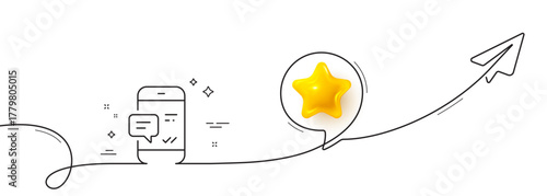 Phone Message line icon. Continuous line with share plane. Mobile chat sign. Conversation or SMS symbol. 3d star in speech bubble. Smartphone notification single line ribbon. Vector