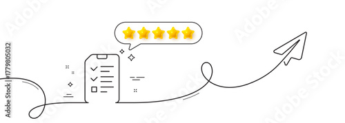 Checklist Document line icon. Continuous line with share plane. Information File sign. Paper page concept symbol. Five star rate review in speech bubble. Interview single line ribbon. Vector
