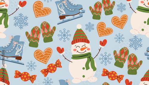 Christmas seamless pattern with gingerbread heart, snowman, mitten, candy, ice skate, snowflake in random order on blue background in cute flat cartoon style for holiday design.