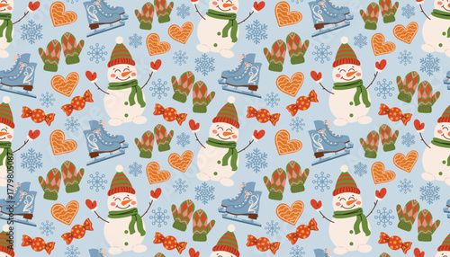 Cute flat cartoon Christmas pattern with gingerbread hearts, snowman, mittens, candies, ice skates, snowflakes scattered on blue background for festive design, greeting card, wrapping, textile.