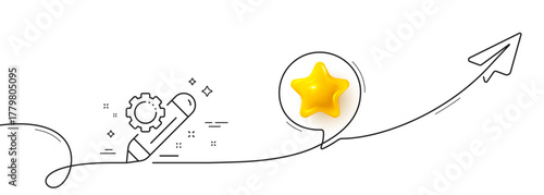 Project edit line icon. Continuous line with share plane. Settings management sign. Pencil symbol. 3d star in speech bubble. Project edit single line ribbon. Loop curve pattern. Vector