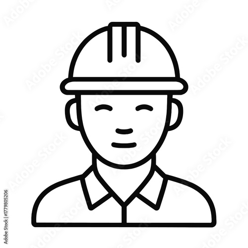 Thin black vector icon of a worker wearing a safety helmet, symbolizing protection, construction safety, and responsible industrial work.