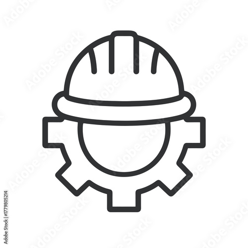 Black hard hat vector with gear background and clean contours, representing industrial teamwork, construction safety, and technical design.