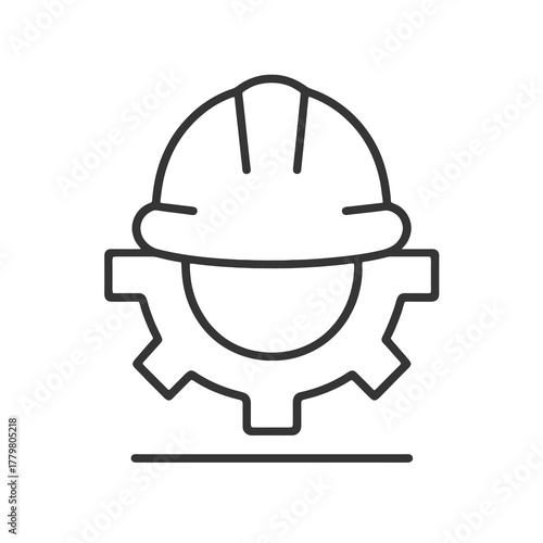 Thin black vector icon of a safety helmet on a gear, symbolizing engineering precision, protection, and workplace reliability.