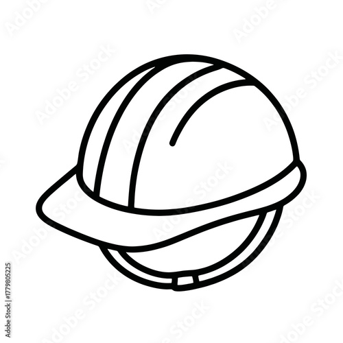 Thin black vector icon of a safety helmet in angled view, symbolizing construction safety, durability, and professional protection.