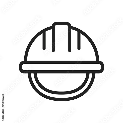 Thin black vector icon of a safety helmet viewed from the front, symbolizing construction work, protection, and occupational safety.