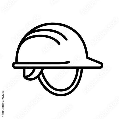 Thin black vector icon of a safety helmet with strap, symbolizing construction safety, protection, and workplace reliability.
