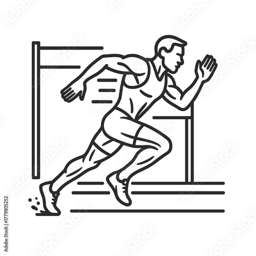 Highly detailed thin black vector of a runner sprinting with motion trails and visible finish line, symbolizing power, discipline, and race focus.