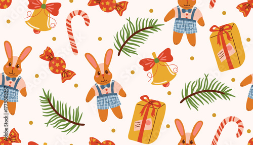 Cute flat cartoon Christmas pattern with plush bunny, gift, candy cane, bell, fir branch, and dots on beige background. Perfect for holiday design, wrapping, card, textile, and festive art.