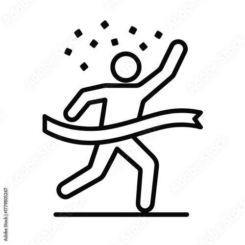 Detailed black finish line icon showing an athlete celebrating a win, ideal for fitness apps, competition visuals, and marathon designs.