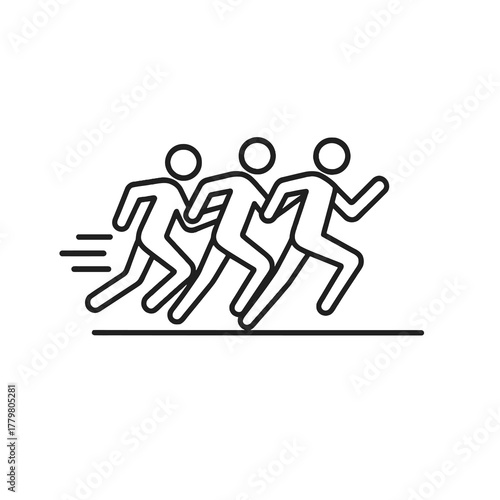 Thin black vector icon of three runners in motion, symbolizing teamwork, race intensity, and dynamic energy in marathon or sprint events.