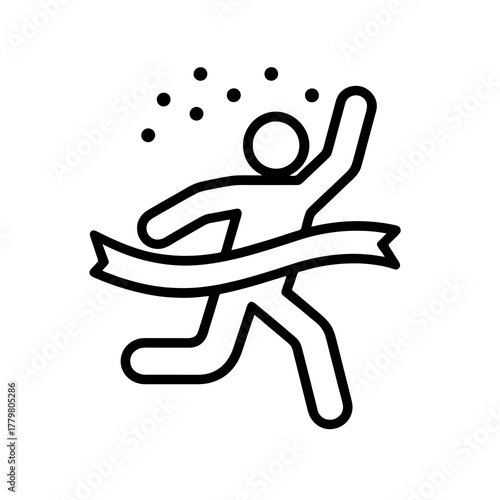 Thin black vector icon of a runner crossing the finish line with raised arm and confetti, representing victory, motivation, and race success.