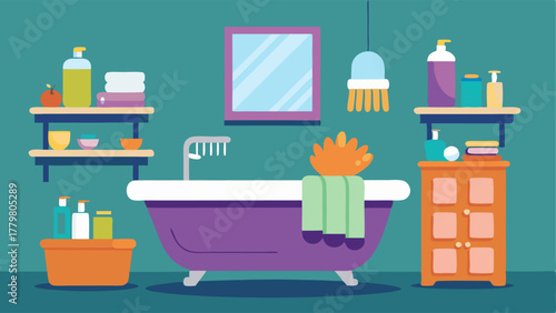 A bathroom with a deep soaking tub fluffy towels on a heated towel rack and a shelf of scented bath products.