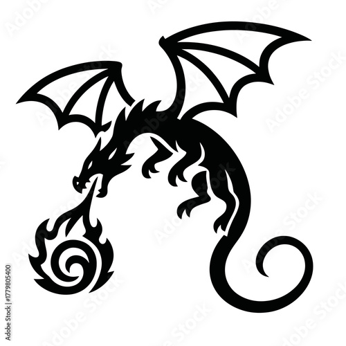 Minimal black flying dragon vector showing wings, flames, and strength, representing fantasy energy, mythology, and adventure themes.