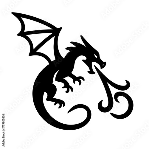 Black vector dragon icon breathing fire while flying, symbolizing chaos, dominance, and the elemental power of ancient legends.