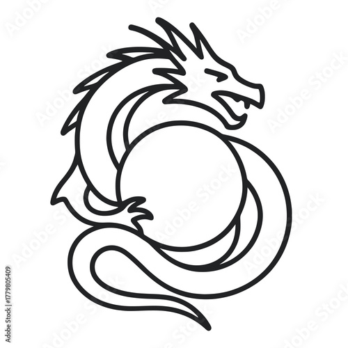 Minimal black fantasy dragon vector wrapped around a sphere, representing power, balance, and mythology, ideal for logos, icons, and game art.